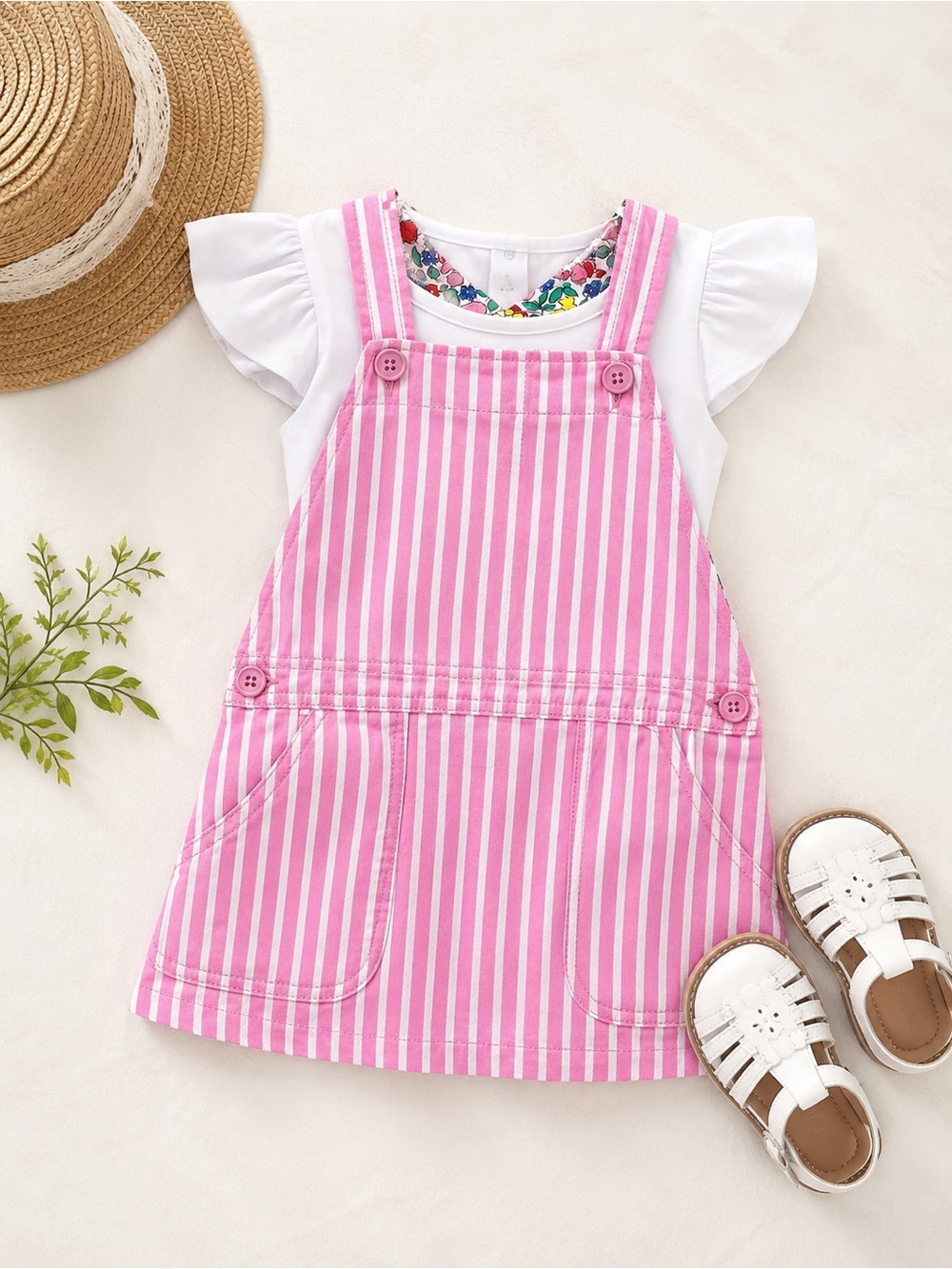 Mini Boden Girls 3-4Y Pink White Striped Pinafore Dress Floral Lined Cotton